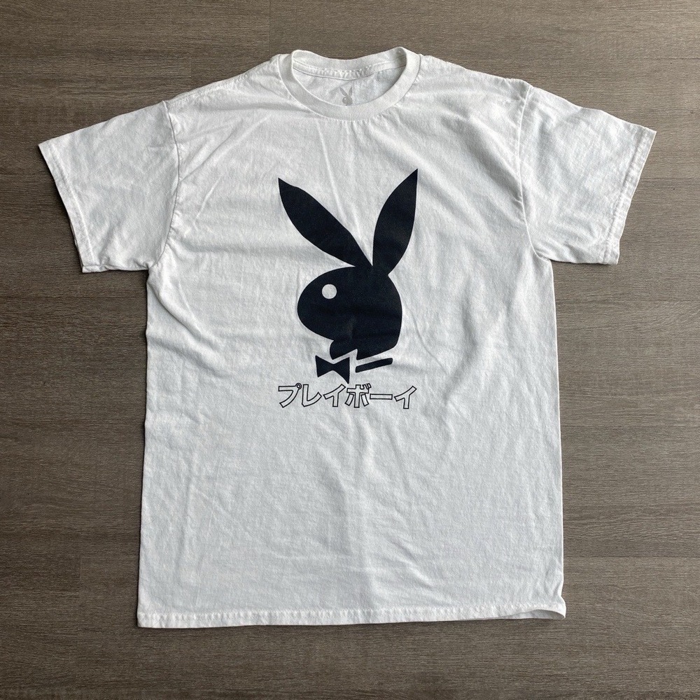 Playboy White T-Shirt Japanese Rare Bunny Logo Vtg Men's Size Medium1366